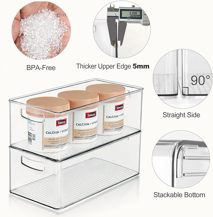 Hudgan 8 Pack Pantry Organizer and Storage, 2 Extra Large Stackable Freezer Organizer Bin, 3 Large Clear Storage Bin and 3 Medium Plastic Container for Home Edit, Kitchen Cabinet, Bathroom Shelf