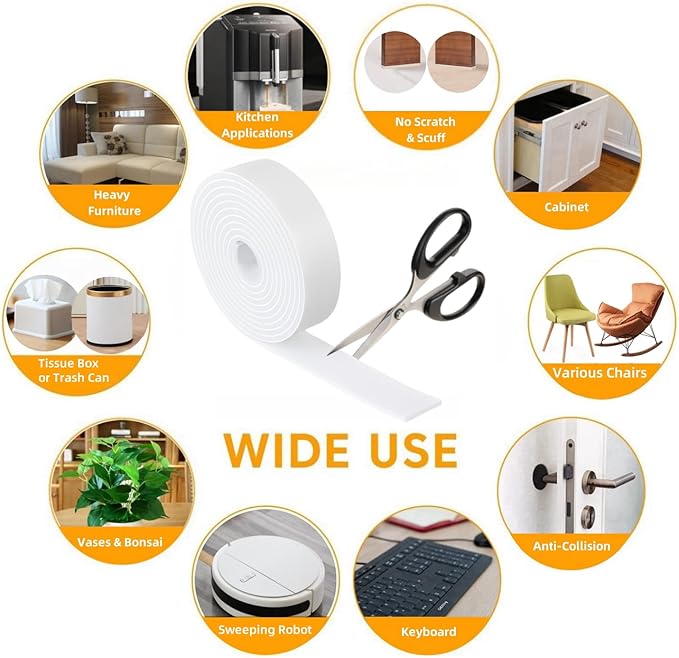 Furnigear Felt Strips with Adhesive Backing Heavy Duty Cuttable Felt Tape Roll Furniture Pads for Chair Legs - Protecting Hardwood Floors, Chair Wall Protector (White, 80 x 0.5 x 0.14 Inch)