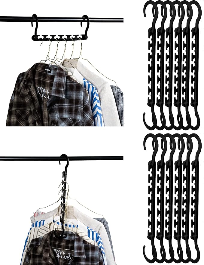 Mr. Pen- Space Saving Hangers for Clothes, 12 pcs, Black, Plastic Multi Clothes Hangers Space Saving, 6 Slots, 360° Rotating Hooks