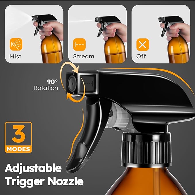Tecohouse 2 Pack Amber 360° Glass Spray Bottles, 16 oz Empty Refillable Containers with Adjustable Spray Nozzles, Spray Bottles for Cleaning Solutions and Plants