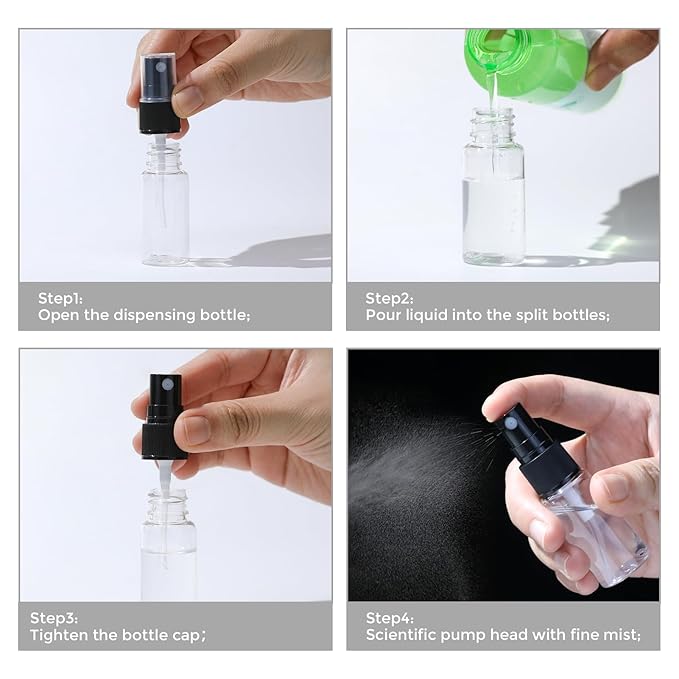 longway 15 PCS Spray Bottles, 0.5oz/15ml Transparent Empty Fine Mist Spray Bottle Dispenser with Cap, Small Refillable Liquid Containers with 1pcs Funnel and 18pcs Labels