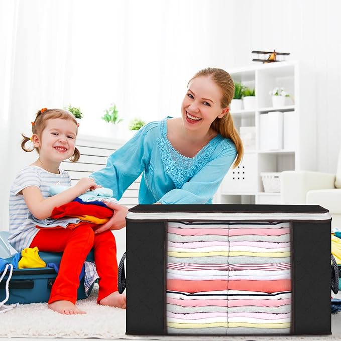 Large Storage Bags, 4 Pack Clothes Storage Bins Foldable Closet Organizers Storage Containers with Durable Handles Thick Fabric for Blanket Comforter Clothing Bedding 90 L (Black)