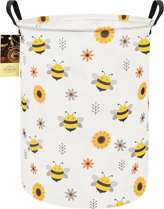 HUNRUNG Laundry Hamper,Large Canvas Fabric Lightweight Storage Basket Toy Organizer Dirty Clothes Collapsible Waterproof for College Dorms(Round-Bee)