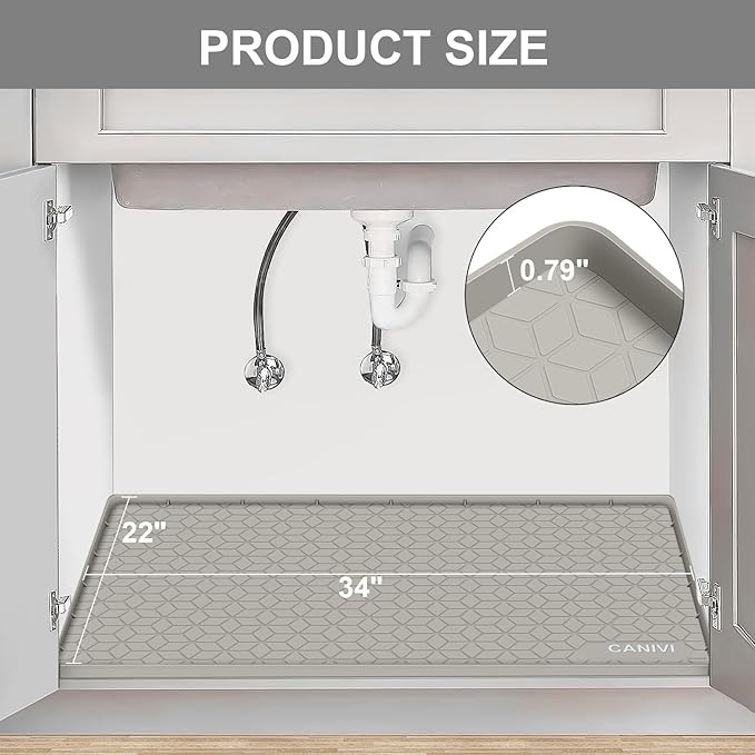 Under Sink Mat, 34" x 22" Waterproof Silicone Under Sink Tray for Kitchen & Laundry Cabinets, Kitchen Cabinet Shelf Protector, Up to 3.3 Gallons Liquid, Fits 36 inch Standard Cabinet(Grey)