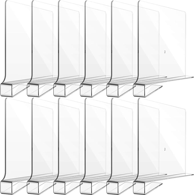 12 Pieces Clear Acrylic Shelf Dividers for Closet Organization Transparent Closet Shelf Divider Organizer Multi Functional Wood Closet Separator for Storage in Bedroom, Kitchen, Office