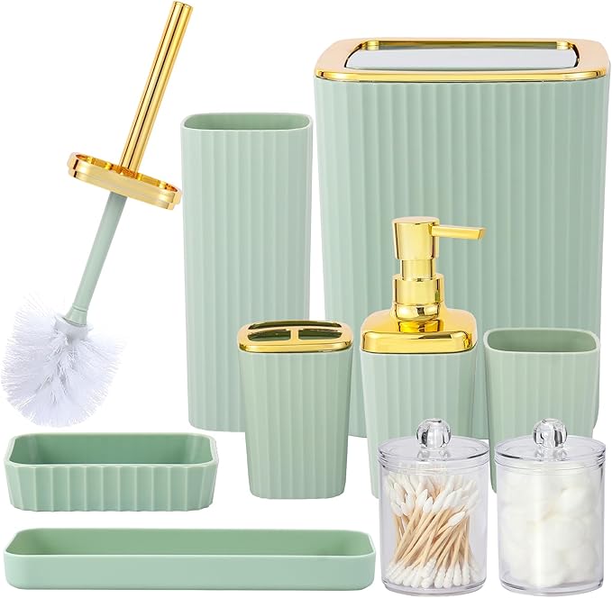 Bathroom Accessory Set,9 Pieces Light Green Bathroom Accessories Set with Trash Can, Toothbrush Holder, Soap Dispenser, Toothbrush Cup, Vanity Tray, Soap Dish, Toilet Brush, Qtip Holder