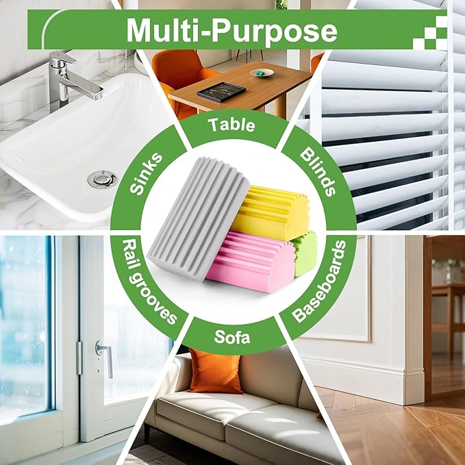 4-Pack Damp Clean Duster Sponge,Damp Dusting Sponge,Duster Baseboard Cleaner Sponge with Ridges,Reusable Wet Duster Sponge,Household Cleaning Sponges for Blinds(Grey,Yellow,Pink,Green)