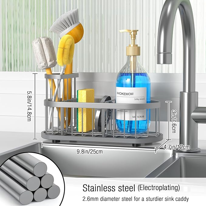 LARGE Kitchen Sink Caddy Organizer,[FLEXIBLE PLACEMENT & FAST-DRYING] Sponge Holder for Kitchen Sink Countertop with High Brush Holder-Rustproof 304 Stainless Steel-9.84"L x 4.72"W x 5.83"H