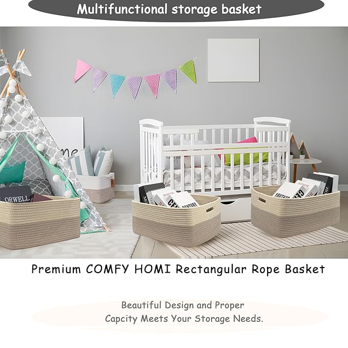 COMFY-HOMI 2 pcs Large Storage Baskets for Shelves, Laundry Basket, Woven Rope Basket, Closet Organizer Bins for Clothes Blanket Towels, Baby Nursery, Gift Toy Baskets, 17” x 13” x 7.5”-Beige Brown