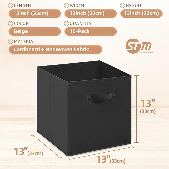 STORAGE MANIAC Storage Cubes, 13 Inch Collapsible Storage Bins with Handles, 10 Pack Fabric Foldable Bins for Organization, Durable Storage Bins for Closet, Shelves, Offices, Toys, 10-Pack Black