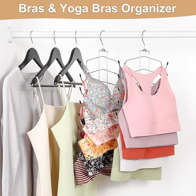 TOPIA HANGER 2 Pack Tank Top Hanger, 8 Layers Bra Hanger Space Saving, Sport Yoga Bras Holder, Closet Organizers and Storage for Camisoles Tank Tops Sports Yoga Bras Swimsuits, Silver CT79B