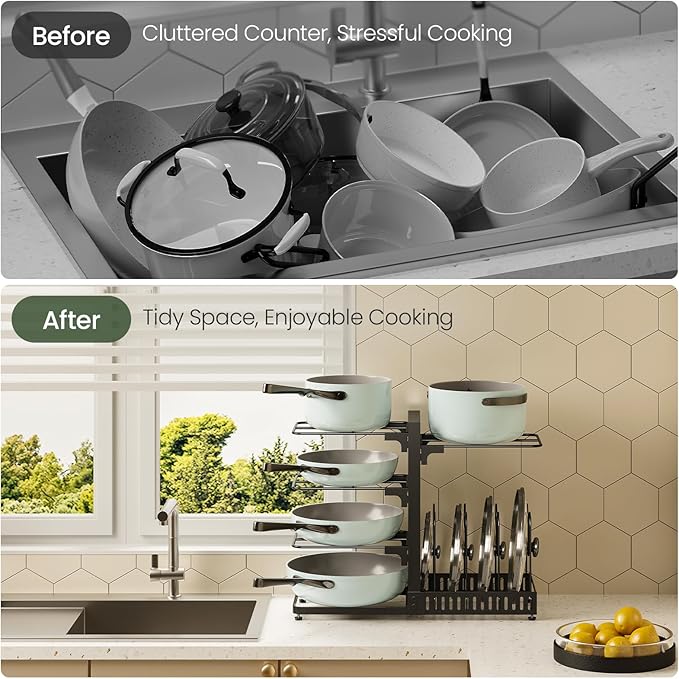 pots and Pans Organizer Under Cabinet, Pot and Pan Organizer Rack, Two-Sided Cookware Holder with Lid Storage, Adjustable Pan Organizer, Pot Holders, for Kitchen, Black TPR40BB