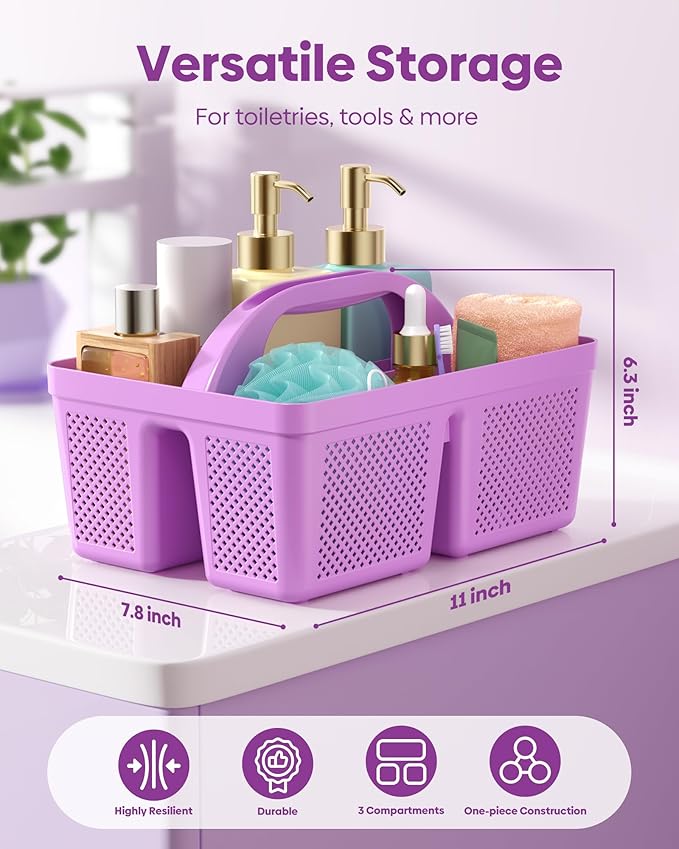 MLIKLU 4 Pack Portable Shower Caddy, Integrated Handle, Reinforced Plastic, Quick-Dry Ventilation Holes, Multi-purpose Storage Basket for Home, Dorm and Bathroom, Kitchen, Under Sink Storage, Purple