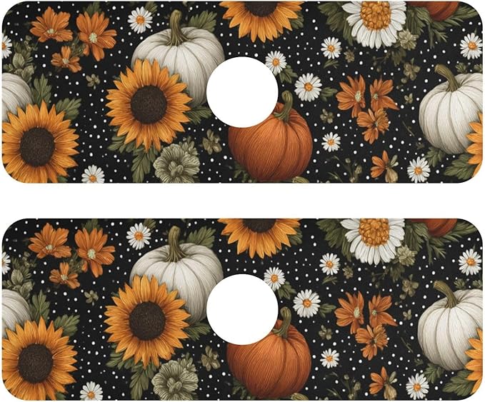 Kitchen Sink Splash Guard 2 PCS 14.7 Inch Sink Faucet Mat Splash Guard for Bathroom Countertop Water Absorbent Foldable Cuttable Soft Washable Black Dotty Pumpkins Sunflowers Daisy