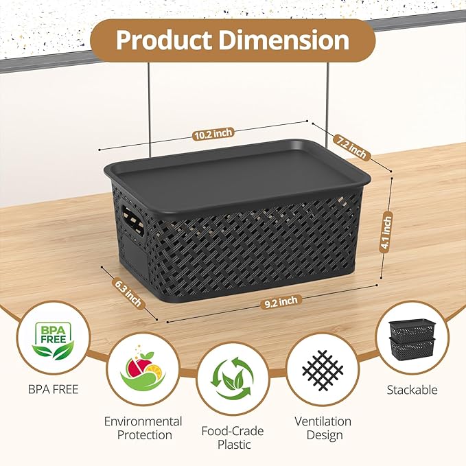 Plastic Storage Bins with Lid, Stackable Small Box Basket for Organizing and Containers for Shelves Drawers Desktop Closet Playroom Pantry Classroom Office Home, 8-pack 10.2x7.2x4.1 Inch, Black