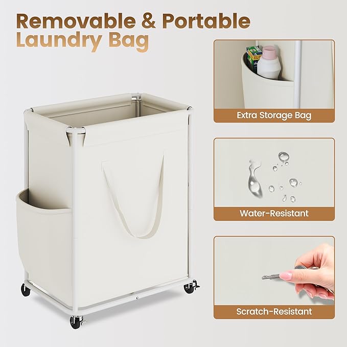 Homeiju 180L Large Laundry Hamper with Wheels, Rolling Laundry Basket with Metal Frame and Removable Bag Design, Dirty Clothes Laundry Cart for Bathroom, Dorm Room, Laundry Room, White