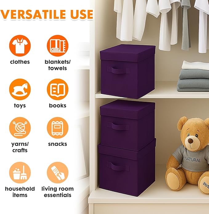 ShellKingdom Storage Bins, Foldable Fabric Storage Cubes with Lid, Clothes Storage Organizer Drawer For Closet Toys Storage, 13 X 13 X 13 INCH, 2 Pack (Purple)