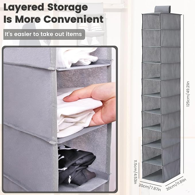 HomeBeyond 10-Shelf Hanging Closet Organizer, Grey Storage Shelves for Clothes, Shoes, and Accessories, Space-Saving Closet Storage Solution