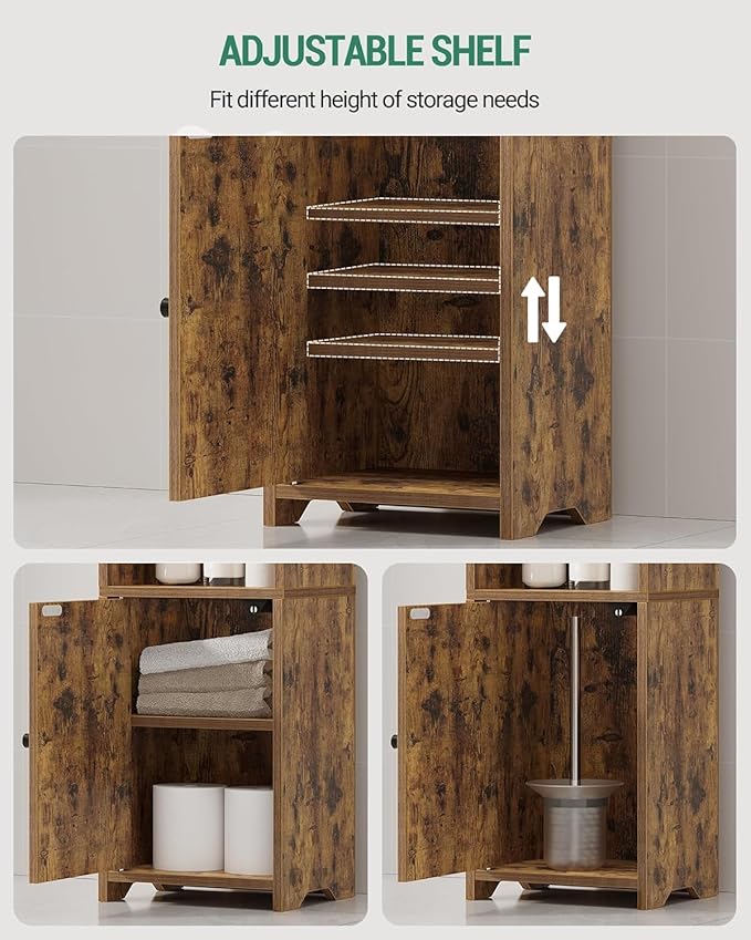 Bathroom Storage Cabinet, Corner Floor Cabinet with Doors and Adjustable Shelf, Narrow Toilet Paper Cabinets, Bathroom Organizer for Small Spaces, Rustic Brown BC39701X