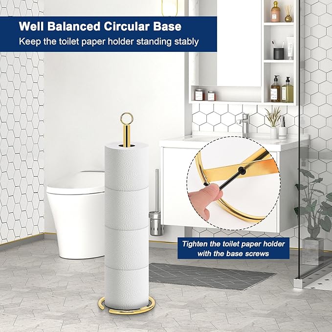 NearMoon Bath Toilet Paper Holder Stand, Freestanding Tissue Paper Storage with Reserve, Space Toilet 4 Rolls Holder for Bathroom/Kitchen Countertop-All Metal (2 Pack, Chrome Gold)