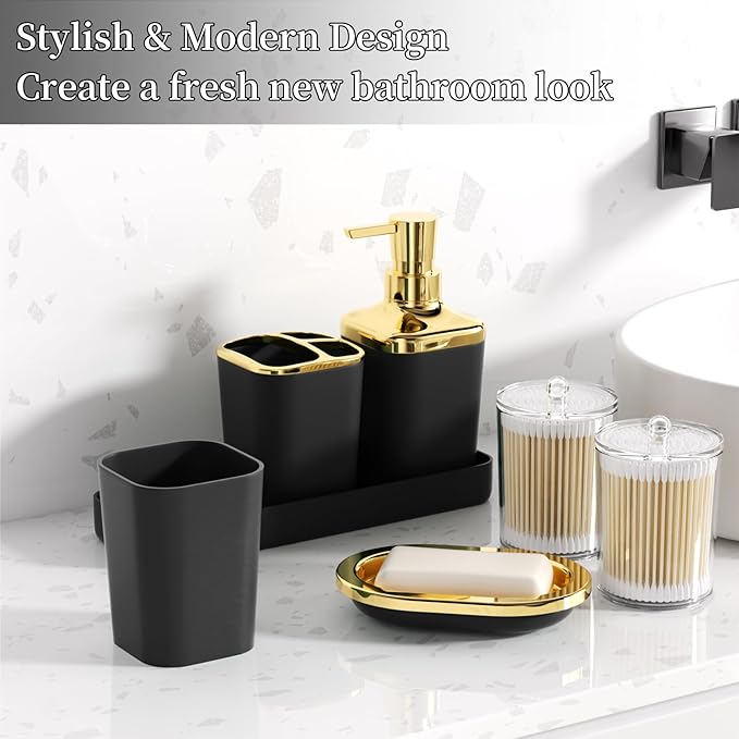 Black Bathroom Accessories Set, Black and Gold Bathroom Accessories with Trash Can, Tray, Soap Dispenser, Soap Dish, Toothbrush Holder, Toothbrush Cup,Toilet Brush and Qtip Holders