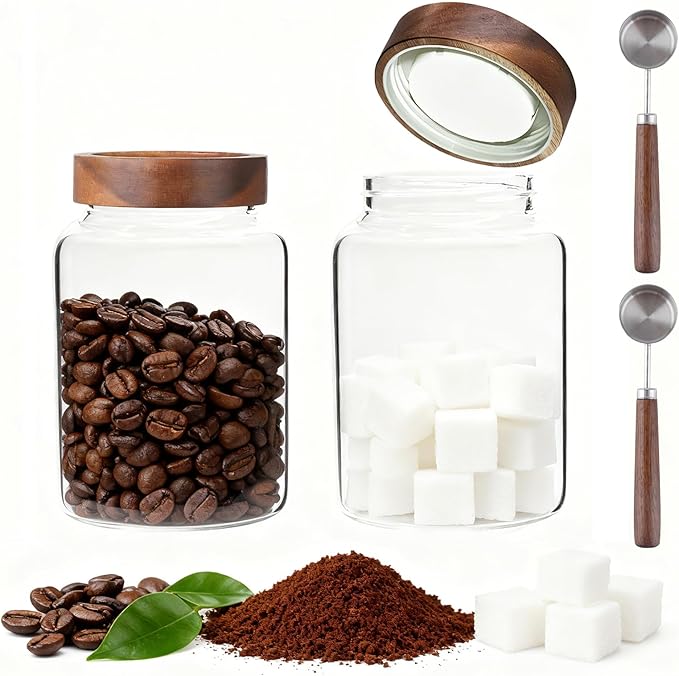 Patoper Glass Coffee Jars Spice Jar Round Storage Canister with Wooden Lid Clear Glass Food Jar for Pantry Sugar Tea Coffee Bean Spice Nuts Cookies Bath Salts (1800ml/60oz-2PACK（with spoon)