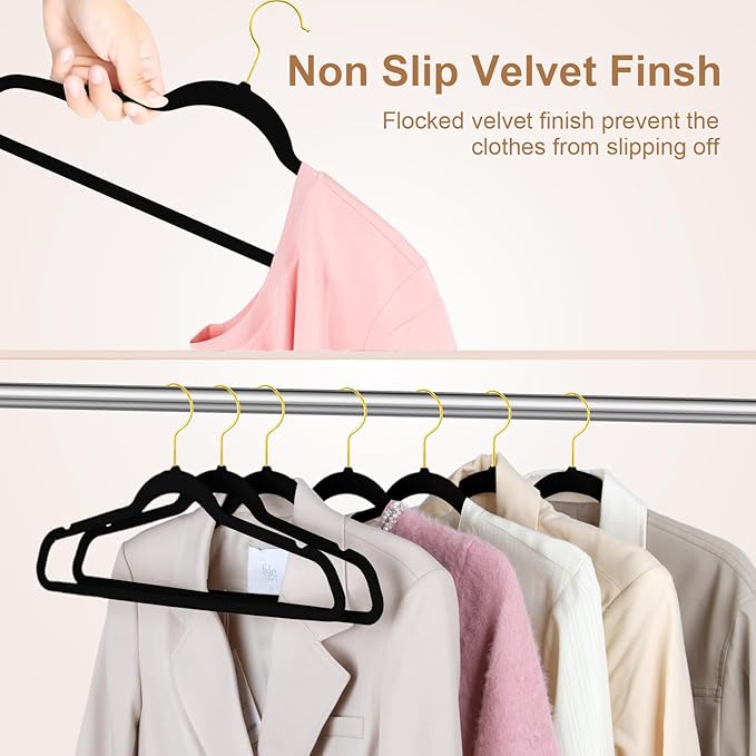 TIMMY 36-Pack Velvet Hangers with Gold Hooks - Space-Saving Non-Slip Heavy-Duty Clothes Hangers for Coats, Suits, Dresses, and Sweaters - Slim Design(Black+Gold)