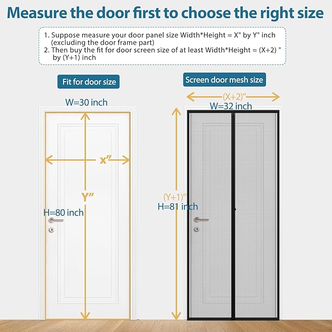 Magnetic Screen Door Mesh - Clear View Door Screen Mesh Size 32"x81" Fit Door 30 x 80 Inch,Heavy Duty Screen Door with Magnet Self-Closing & Windproof Hasp,Keep Bugs Out, Kid & Pet Friendly