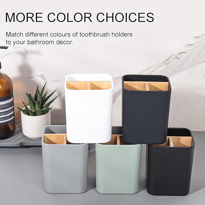 Bamboo Toothbrush Holder for Bathrooms, 3 Slots Toothbrush and Toothpaste Holder Bathroom Counter Organizer for Electric Toothbrushes, Floss, Razors - Black