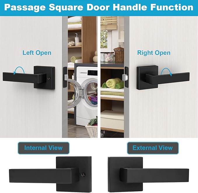 Estmoon 8 Pack Passage Door Handles Matte Black Door Levers, Interior Door Knobs Square Heavy Duty Non-Locking Handlesets Hall Closet Handles
