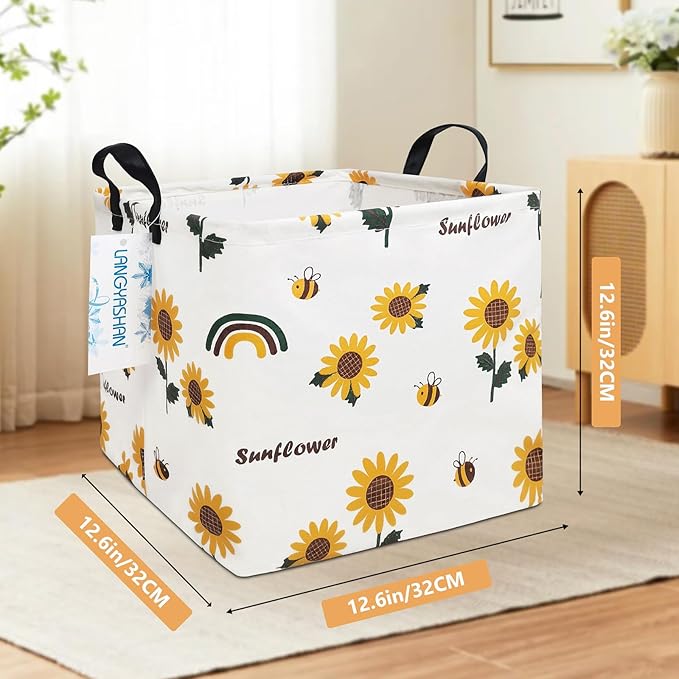 LANGYASHAN Square Storage Baskets Waterproof Canvas Children Laundry Nursery Hamper for Shelves Gift Baskets Toy Organizer Room Decor (Square Sunflower)