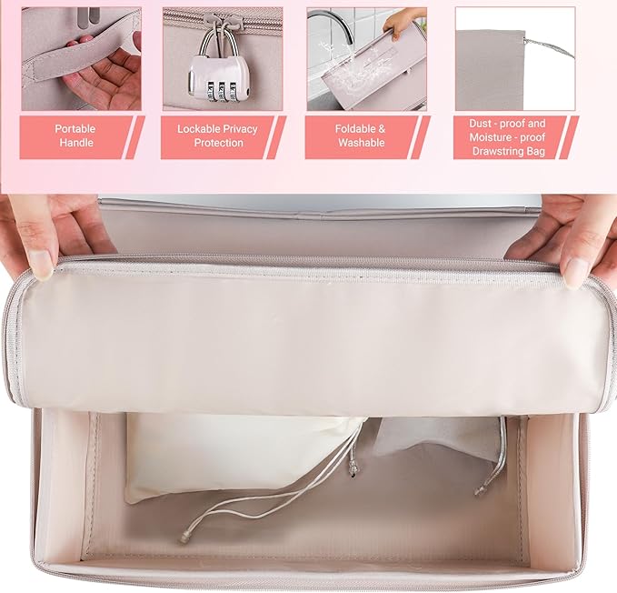 Discreet Lockable Storage Box Organizer with 6 Drawstring Bags & Code Lock, 15x10x6 Inches, Portable Private Case for Home Organization