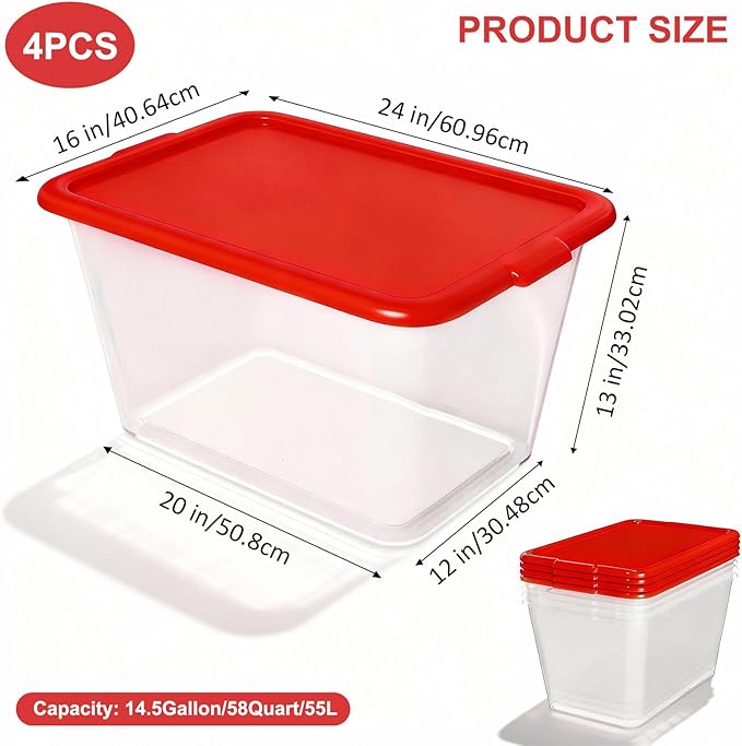 Storage Totes with Lids - Made in USA 14.5-Gallon (58-Quart) 4-Pack Clear Plastic Red Storage Bins Storage Containers Large Storage Boxes Organizer for Home, Office, and Garage Clear/Red