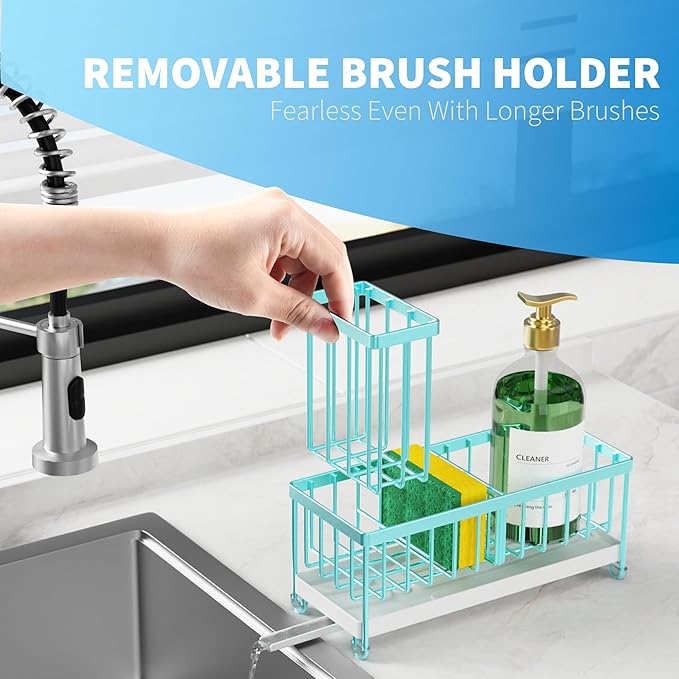 Cisily Sponge Holder for Kitchen Sink, Sink Caddy Organizer with High Brush Holder, Kitchen Countertop Organizers and Storage Essentials, Rustproof 304 Stainless Steel (Turquoise, 9.25″)