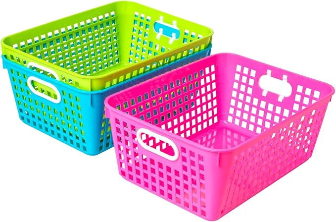 Really Good Stuff Large Plastic Storage Baskets with Handles, 13.75" x 9.75" x 5", Neon Group Colors, for Books & Supplies, Organize Classroom & Home