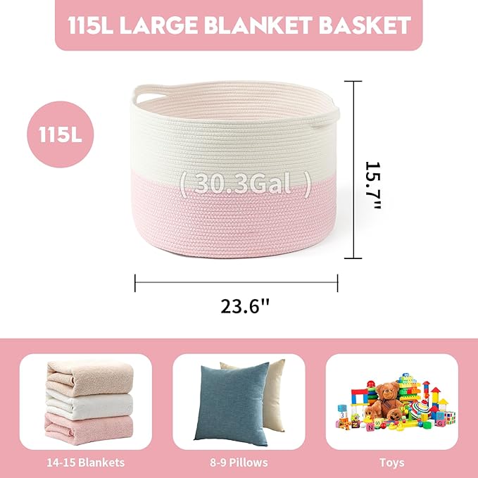 Foldable Laundry Hamper Basket with Collapsible Handle Cotton Rope Soft Woven Fabric Storage Organizer Clothes Toys Nursery Bedroom Dorm Space Saving Bin (White & Pink, 115L(23.6"D x 15.7"H))