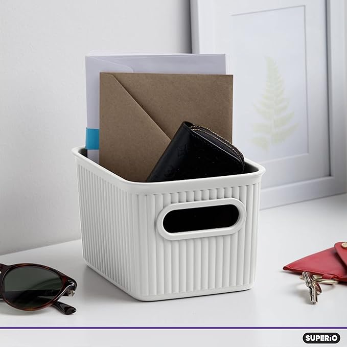 Decorative Plastic Basket Open Home Storage Bins Organizer Baskets, Small White (4 Pack) Container Boxes for Organizing Closet Storage Bins for Shelves Drawer Shelf - Ribbed Collection 1.5 Liter