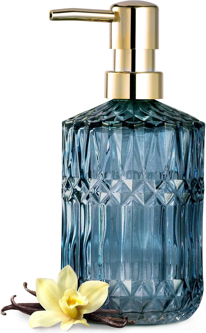 EMPO Clear Glass Soap Dispenser with ABS Plastic Pump, Crystal Lotion Dispensers for Kitchen Sink, Bathroom (Blue)