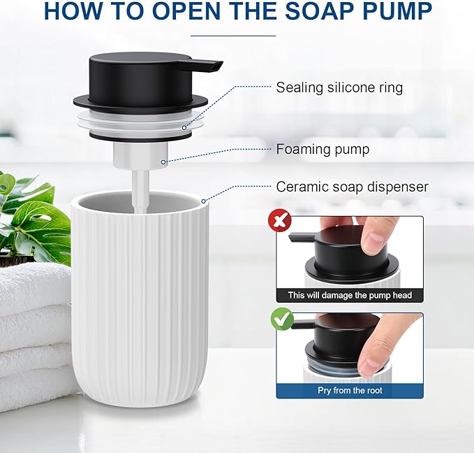 Ceramic Foaming Soap Dispenser, 12 oz Bathroom Foam Hand Soap Dispenser, Refillable Lotion Soap Dispenser with Removable Pump for Kitchen Hand Wash Dispenser, Modern Home Decor(White)