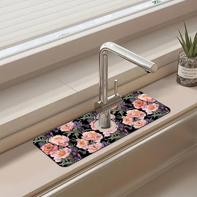 Sink Splash Guard Faucet Mat Peony and Iris Flowers Absorbent Fast Drying Mat Sink Gadgets Splash Guard Behind Faucet Drip Catcher for Kitchen Bathroom 15.5"X5.5"