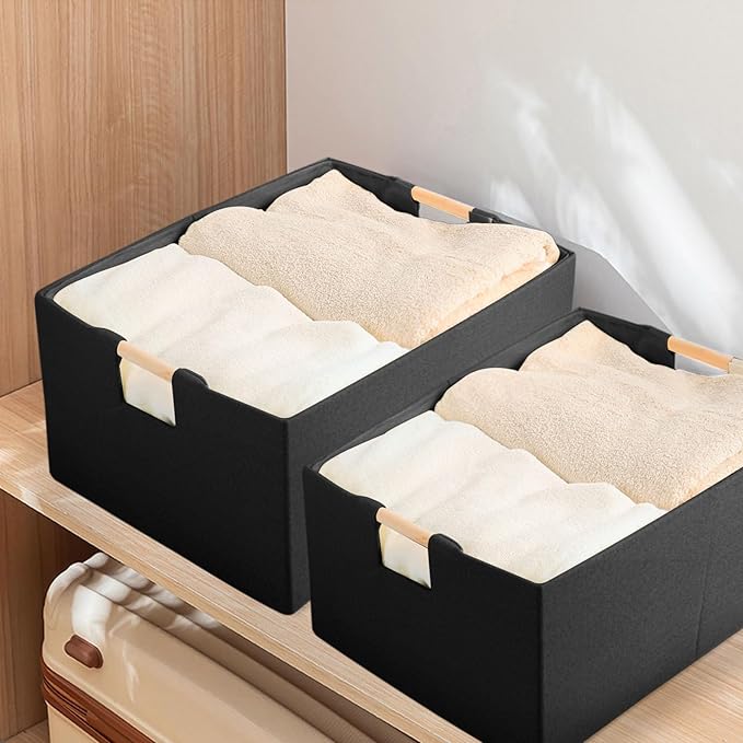 Fabric Storage Bin Box Foldable Cotton Linen Storage Basket with Wooden Handles Rectangular Cube Decorative Home Laundry Organizer Clothes Blanket Container – Black, Small