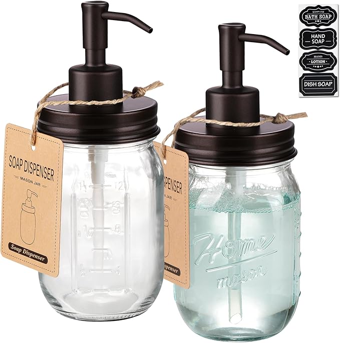 SheeChung 16 Oz Mason Jar Liquid Soap Dispenser, Glass Hand Soap Dispenser, Stainless Steel Pump Lid, Refillable Lotion Dispensers for Bathroom Countertop Kitchen (2, Bronze)