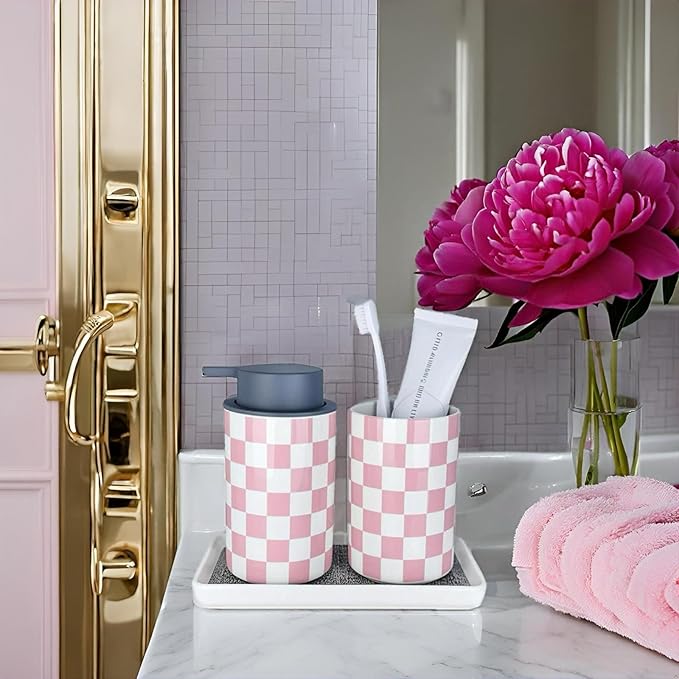 Pink Toothbrush Holder and Soap Dispenser Set, Ceramic Bathroom Accessory Set, Girly Bathroom Accessories Sets, Modern Cute Bath Room Decor for Girls Women-Checkered Pattern