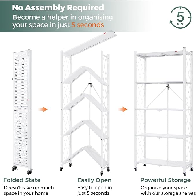 DEANIC 5 Tier Foldable Storage Shelves with Wheels, Large Capacity Shelving Unit, Freestanding Metal Wire Shelf Rack, No Assembly Organizer Rack for Garage Kitchen, Basement, Pantry(White Pack of 2)