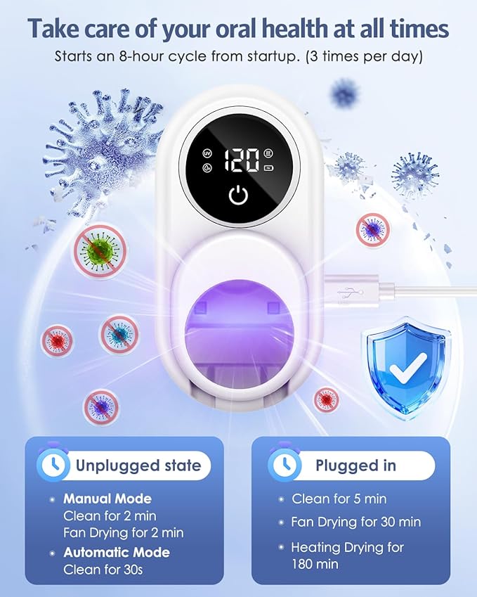 Temracha Toothbrush Sanitizer Holder, Upgraded UV Toothbrush Holder with Dual-Mode Clean & Air Dry, LED Smart Screen, Auto-Inductive Cover, Toothbrush Wall Mounted Cleaner Organizer for Bathroom, Trip