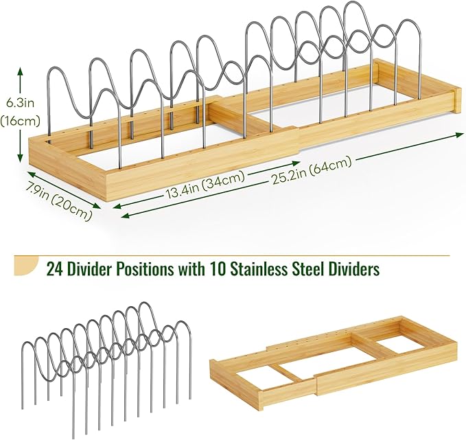 Tomorotec Bamboo Pot Lid Holder with Adjustable Stainless Steel Dividers, Expandable Rack Organizer for Kitchen Drawers, Cabinets, Countertops, Space-Saving Storage for Lids, Pans, Trays, Cookware