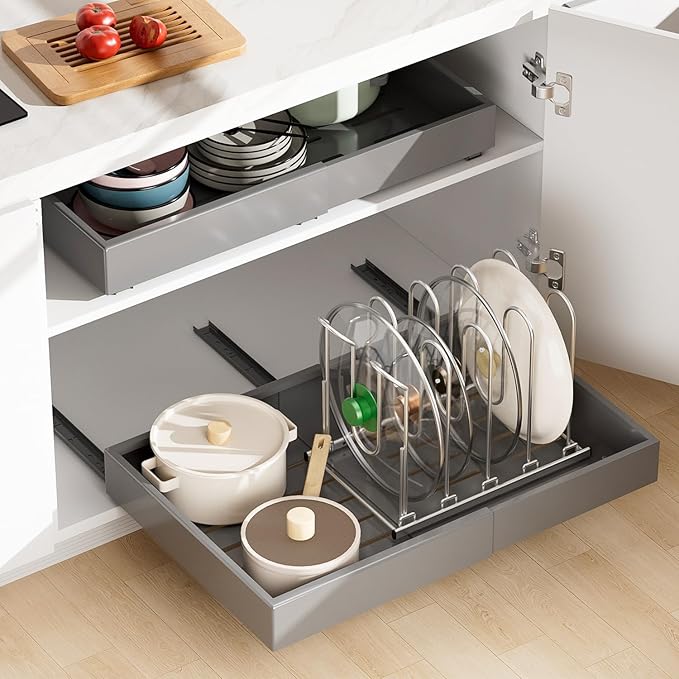 JAQ Pots and Pans Organizer, 13.18 inch Heavy Duty Pot Lids Rack Holder Adjustable Height for Muffin Tins, Baking Sheets, Skillets,Cookware,Bakeware in Cabinets Shelf Countertop Pantry