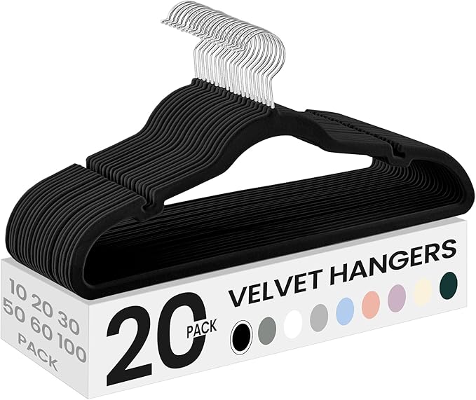 SONGMICS Velvet Hangers 20 Pack, Non-Slip Clothes Hangers with Shoulder Notches, Pants Bar, 360° Swivel Hook, Space-Saving, for Closet, Ink Black UCRF029B02
