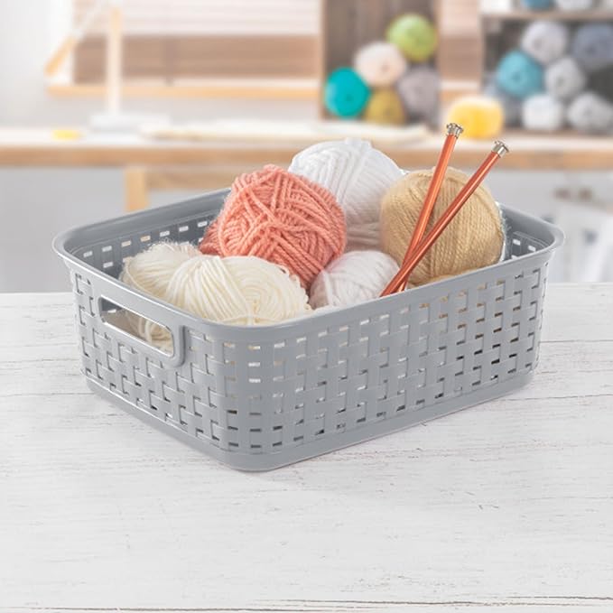 Sterilite Short Plastic Weave Storage Basket, Bin Organization for Countertops, Tabletops, and Shelves for Crafts, Jewelry, Gray, 6-Pack