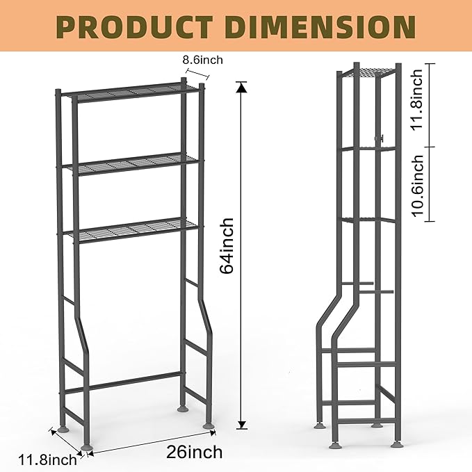 3-Tier Over The Toilet Storage Rack, Space Saver Metal Bathroom Shelves, Freestanding Over Toilet Bathroom Organizer for Bathroom/Living Room, Black